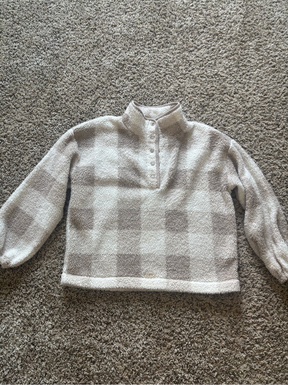 LOFT Ivory and Light Gray Plaid Sherpa Snap-Neck Pullover